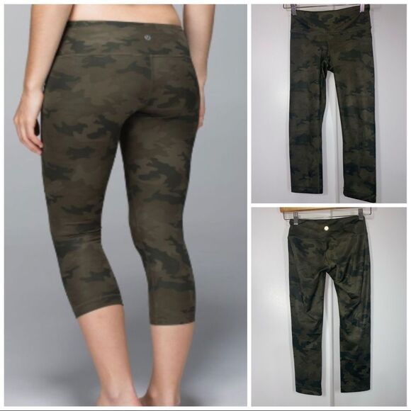 Lululemon Wunder Under Crop Green Camo Leggings - Picture 1 of 8